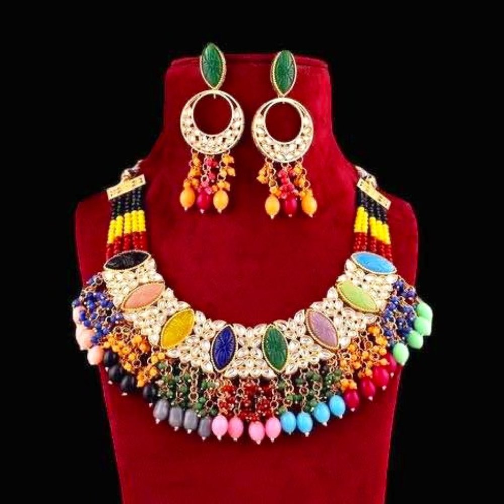 Party Wear Gold Plated Carved Stone Necklace Set